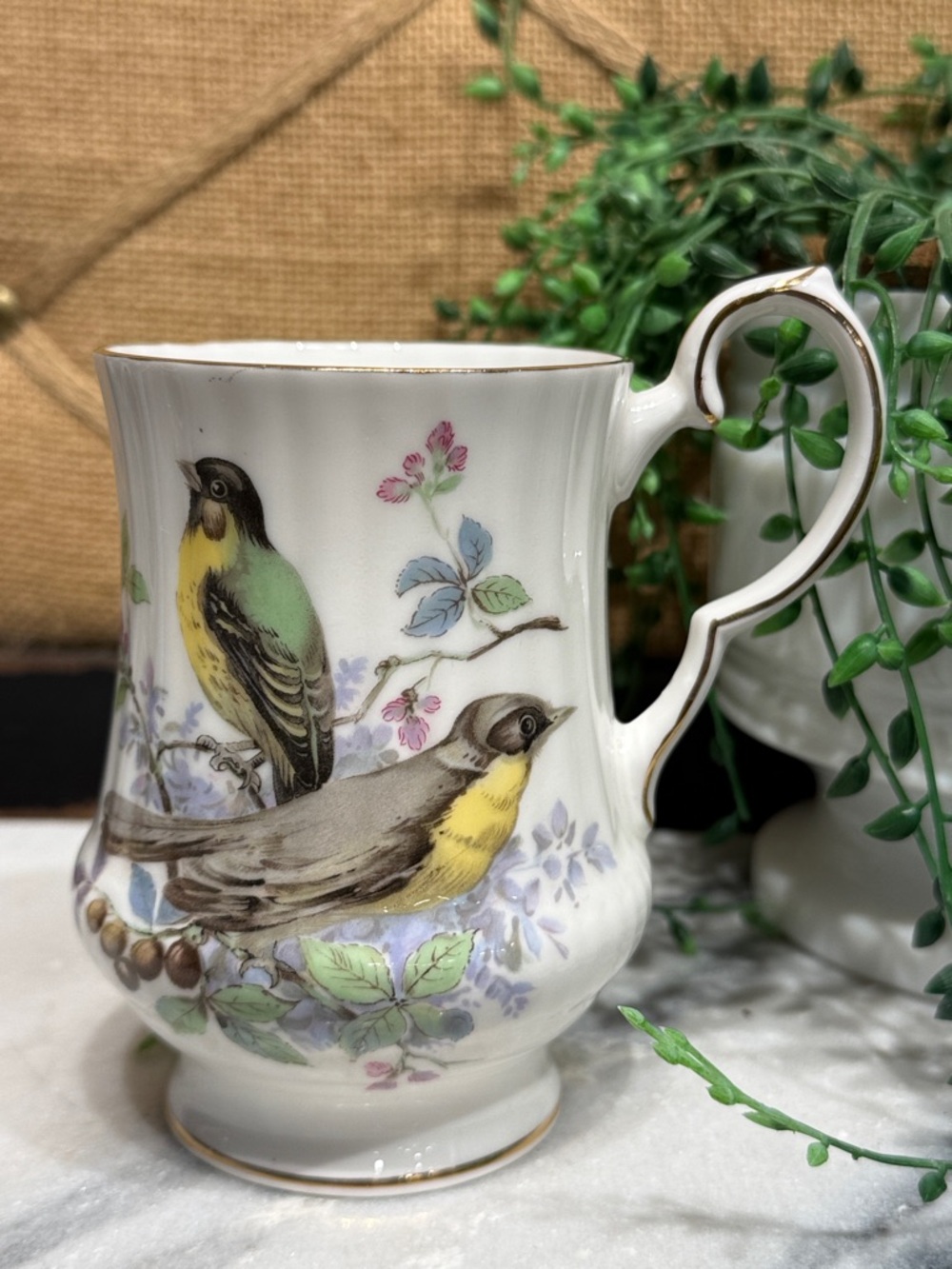 Royal Windsor Bird and Floral Cup with Yellow, Green and Lavender Accents